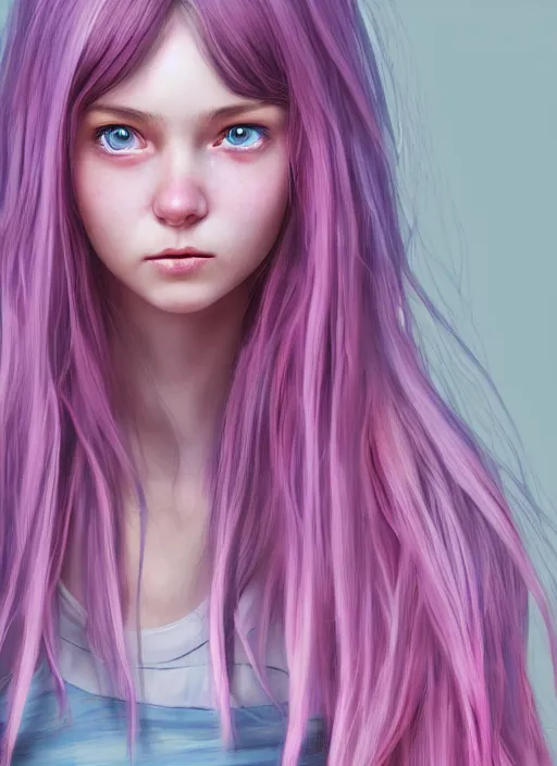 Prompt: highly detailed concept art for the main character in the award winning film named life is better in pink. the character is a unnaturally beautiful teenage girl with deep dark blue cute eyes and long curled pink dyed hair, wearing light pink clothes. realistic cg render, anatomically correct, high key lighting, trending on art station, vibrant colors.