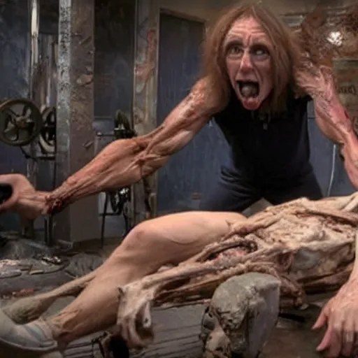 Prompt: hyperrealistic news footage of Eddie from Iron Maiden with the body of a decaying bodybuilder in a supernatural scene