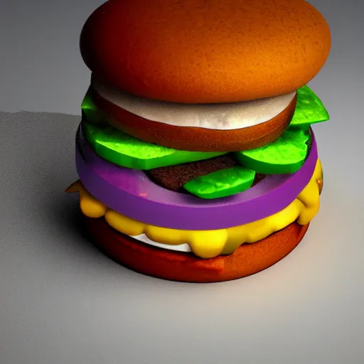 Prompt: 3 d render of rainbow burger, sunny day