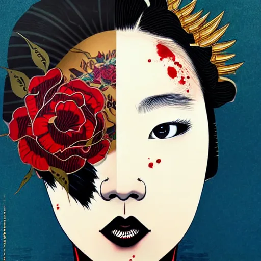 Image similar to portrait of japenese woman :: side profile :: in ocean :: roses and guns metal details :: gold :: blood and horror :: by marvel and Sandra Chevrier