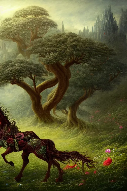 Image similar to a beautiful digital landscape painting of a detailed gothic fantasy horse and roots, dark mushroom, flowers by benoit b. mandelbrot, steven belledin, martin johnson heade, lee madgwick, caspar david friedrich, and david rios ferreira. 8 k resolution trending on artstation concept art digital illustration