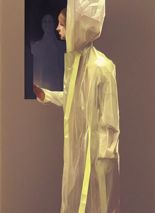 Image similar to woman in a translucent bomber made from plastic bag with paper bags for clothes standing inside paper bags with paper bag over the head at store display Edward Hopper and James Gilleard, Zdzislaw Beksinski, highly detailed