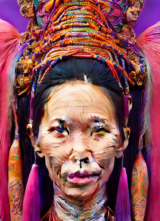 Prompt: portrait of catriona balfe, hyper detailed ultra sharp kayan people ( myanmar ) long - neck woman. trending on artstation, warpaint aesthetic, colorful, psychedelic, ornate, intricate, digital painting, concept art, smooth, sharp focus, illustration, art by artgerm and greg rutkowski and h. r. giger, 8 k