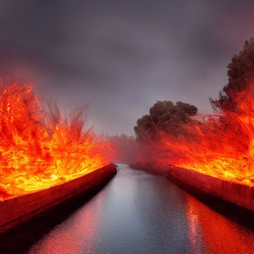 Image similar to a river runs here, a fiery river, from east to west, from west to north. over that river the fiery river drives the light. cinvat bridge of separation. light transports souls. award - winning, very trending, esoteric art, 2 k, 4 k, ue 5