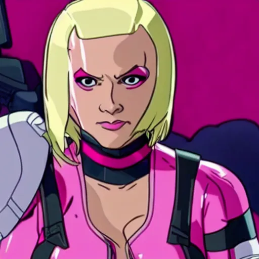 Image similar to A still of Gwenpool in Deadpool 3 (2023), blonde hair with pink highlights, no mask, looking directly at the camera