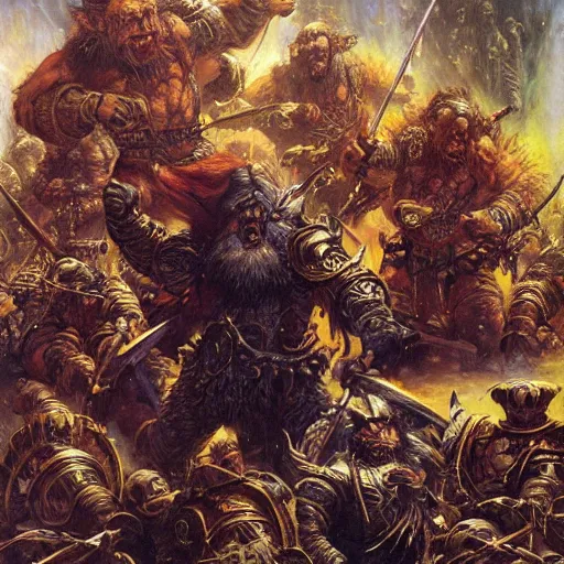 Image similar to art by donato giancola and bayard wu and gustav moreau and wayne barlowe, a fantasy cinematic shot of a dwarf berserker, fighting a horde of rats, warhammer, dnd, fighting monsters,