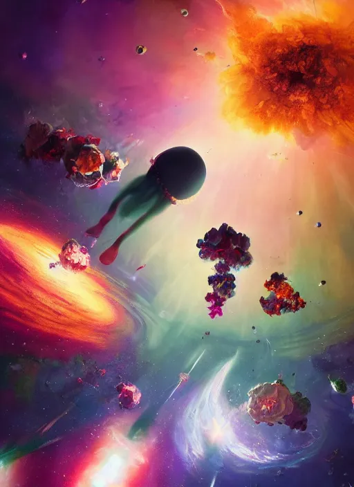Image similar to An epic fantastic realism comic book style painting of the most beautiful flowers launched into space, bouquets, everything being pulled into a black hole, fisheye, unreal 5, DAZ, hyperrealistic, octane render, dynamic lighting