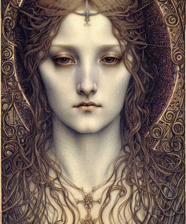 Image similar to detailed realistic beautiful young medieval queen face portrait by jean delville, gustave dore and marco mazzoni, art nouveau, symbolist, visionary, gothic, pre - raphaelite. horizontal symmetry