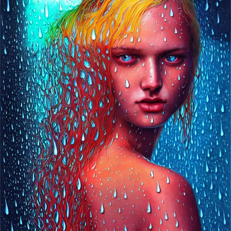 Image similar to bright asthetic portrait of LSD in rain with wet hair and face, liquid, fantasy, intricate, elegant, dramatic lighting, highly detailed, lifelike, photorealistic, digital painting, artstation, illustration, concept art, smooth, sharp focus, art by John Collier and Albert Aublet and Krenz Cushart and Artem Demura and Alphonse Mucha