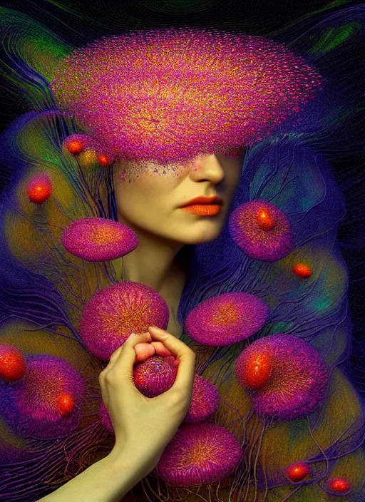 Image similar to hyper detailed 3d render like a Oil painting - Aurora (Singer) seen Eating of the Strangling network of yellowcake aerochrome and milky Fruit and Her delicate Hands hold of gossamer polyp blossoms bring iridescent fungal flowers whose spores black the foolish stars by Jacek Yerka, Mariusz Lewandowski, Houdini algorithmic generative render, Abstract brush strokes, Masterpiece, Edward Hopper and James Gilleard, Zdzislaw Beksinski, Mark Ryden, Wolfgang Lettl, hints of Yayoi Kasuma, octane render, 8k