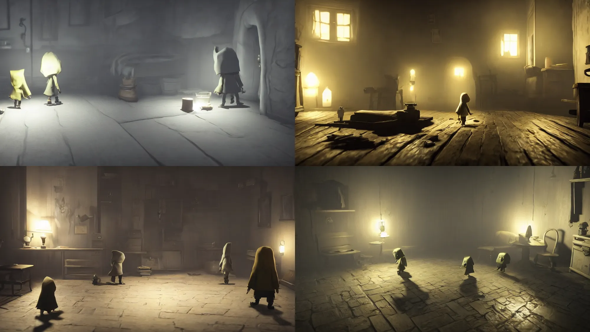 Image similar to Screenshots of game named Little nightmares, mystery scary horror, high resolution gameplay, 8k hdr render, highly detailed dark 3d artwork