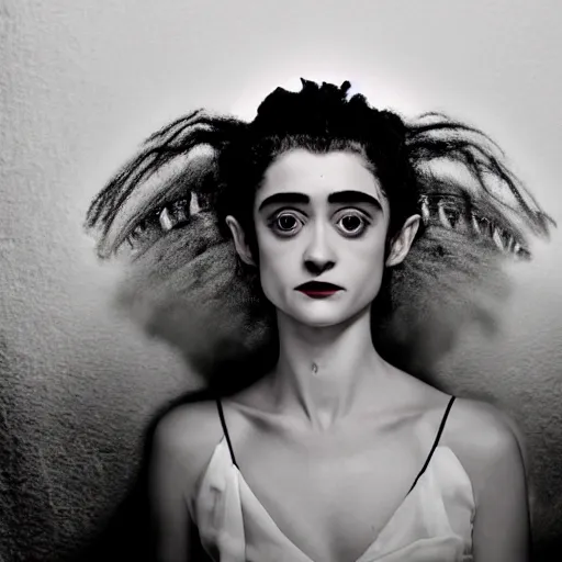 Image similar to natalia dyer as the bride of frankenstein, universal, movie, photography, portrait, beautiful,