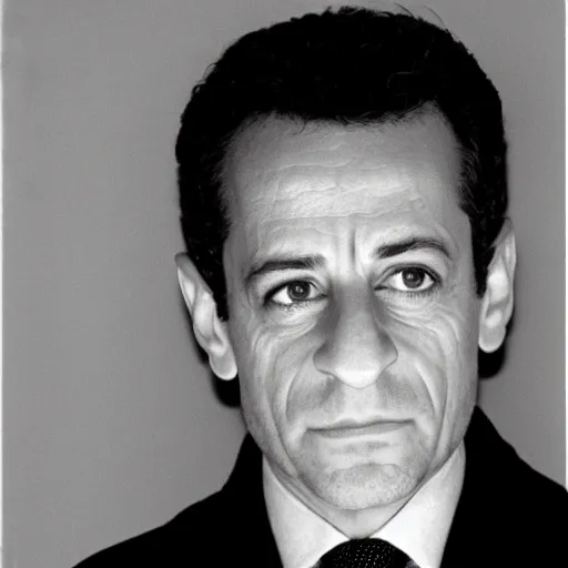 Prompt: mugshot portrait of Nicolas Sarkozy, heavy grain, overexposed flash