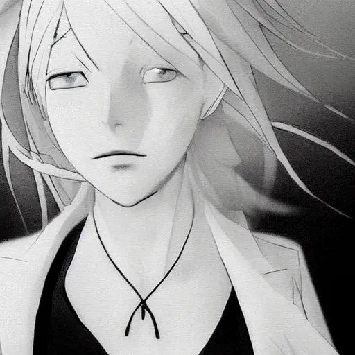 Image similar to Dreamy and blurry portrait of an anime girl with white hair and cracks on her face wearing dress suit with tie fluttering in the wind, abstract black and white patterns on the background, head turned to the side, noisy film grain effect, highly detailed, Renaissance oil painting, weird camera angle