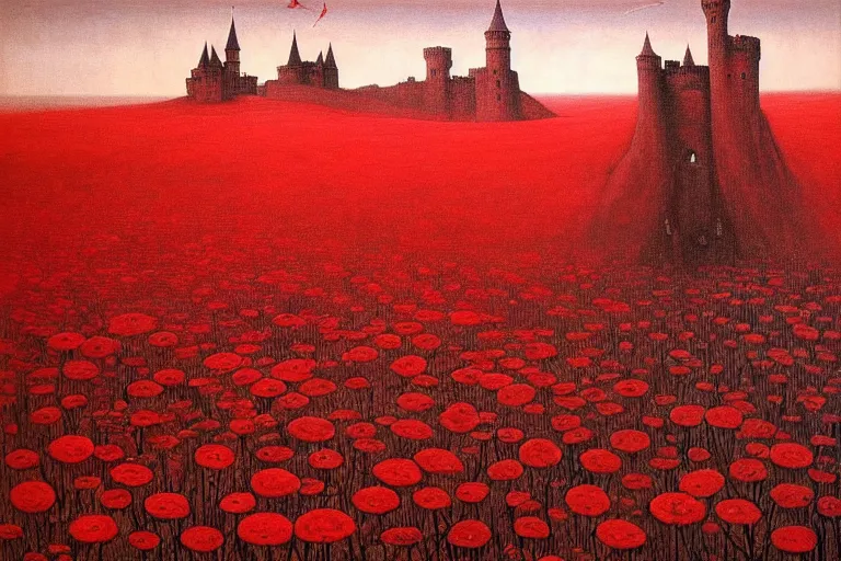 Image similar to only with red, red flowers of different types, a red tiger, a castle in the background, medieval demons dance over the flowers, an ancient path, in the style of beksinski, part by hopper, part by rodcenko, part by hofbauer, intricate composition, red by caravaggio, insanely quality, highly detailed, masterpiece, red light, artstation