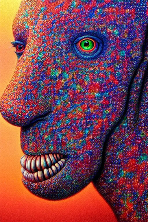 Image similar to hyperrealistic close-up pointillism psychedelic creature!! in another dimension highly detailed concept art eric zener elson peter cinematic hard synthweave lighting high angle hd 8k sharp shallow depth of field, inspired by David Paul Cronenberg and Zdzisław Beksiński