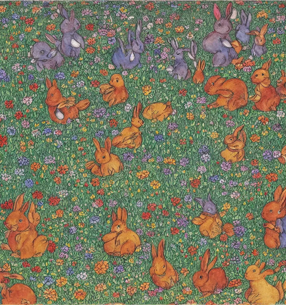 Image similar to Enchanted and magic forest full of bunnies and ducks, by Louis Wain