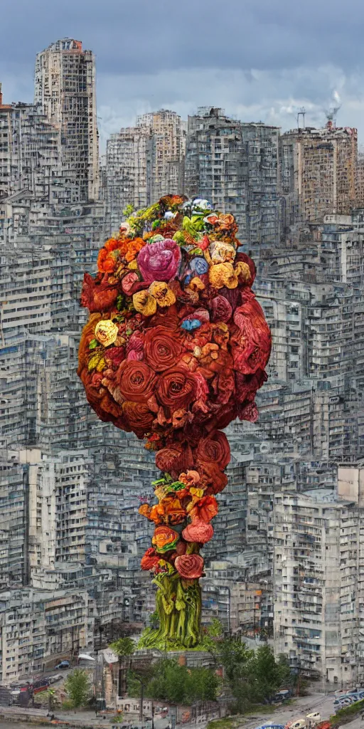 Image similar to giant grotesque flower in the middle of abandoned post soviet constructivist cityscape, ultradetailed by Josan Gonzalez and Giuseppe Arcimboldo