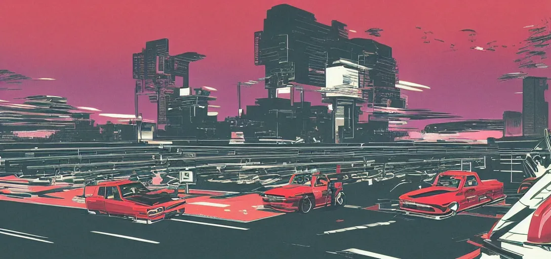 Image similar to a bosozoku truck speeding down a futuristic motorway, style of syd mead