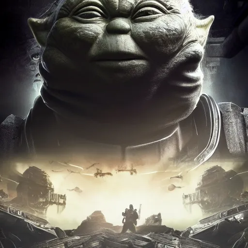 Image similar to Yoda in gears of war, splash art, movie still, detailed face, cinematic lighting, dramatic, octane render, long lens, shallow depth of field, bokeh, anamorphic lens flare, 8k, hyper detailed, 35mm film grain