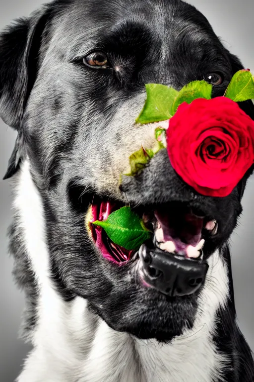 Prompt: black dog holding rose in his mouth with green eyes, gold earring on ear, studio lighting, 4 k, realistic, chromatic abberation, global illumination