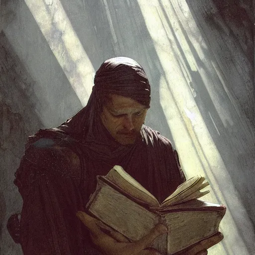 Image similar to half portait of magican wearing a closed cowl holding a big old book! chained!!! to his wrist, jeremy mann, jean leon gerome, alphonse mucha, greg rutkowski, hood covers his eyes, ( ( ruins of ancient rome ) ), at dusk, mysterious atmosphere, sunrays, dof, masterpiece, high detailed, 8 k