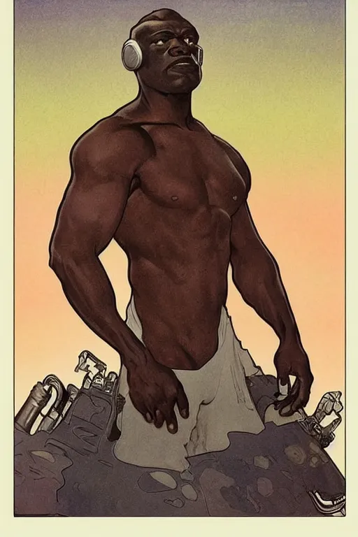 Prompt: upper body portrait of giant african man with a muscular neck wearing a scifi dune spacesuit, nebula in the background, illustration by normal rockwell and alphonse mucha, artstation character concept art