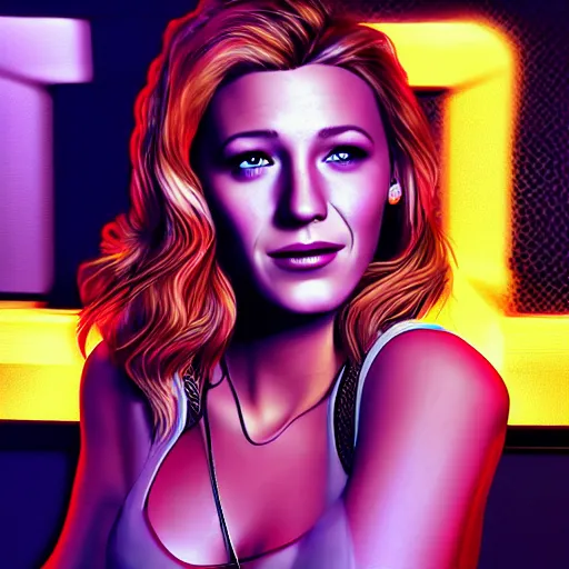 Prompt: blake lively portrait, gta, game, character, highly detailed, 8 0 s, neon, los angeles, neon