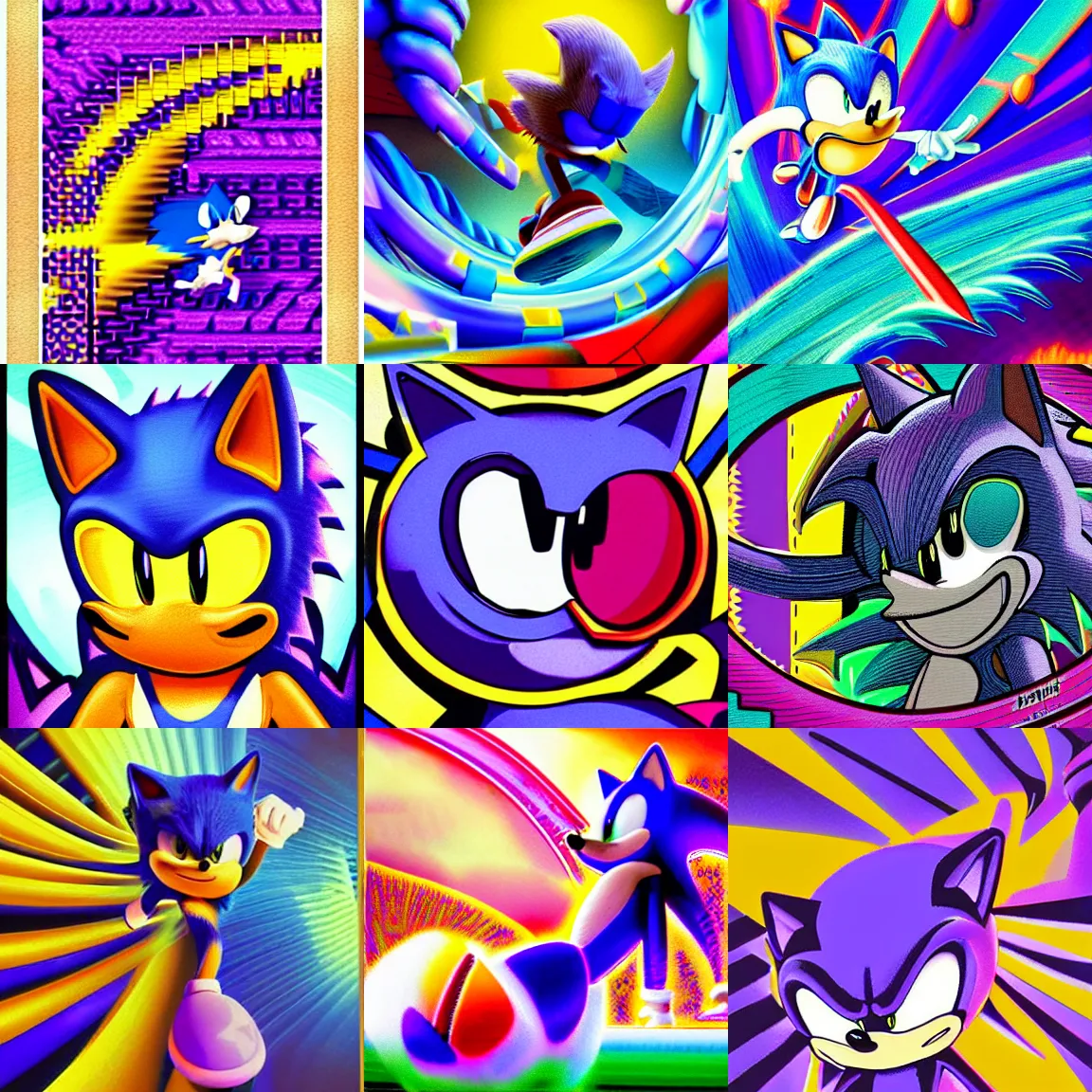 Prompt: sonic the hedgehog in a retro, surreal, faded, sharp, detailed professional, high quality sonic portrait airbrush art portrait of a liquid dissolving lsd dmt sonic the hedgehog surfing through cyberspace, purple checkerboard background, arcade poster