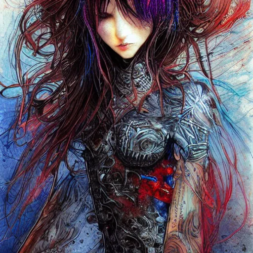 Prompt: the brittle. digital painting, vertical, intricate, beautiful, detailed, grunge, illustration, abstract art by luis royo and milo manara, trending on artstation. blue, dark red and dark purple color scheme, gradient darker to bottom