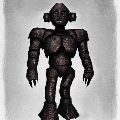 Image similar to Golem made from iron and a head shaped like a 4 sided dice. Dark Fantasy, mork borg ,concept art