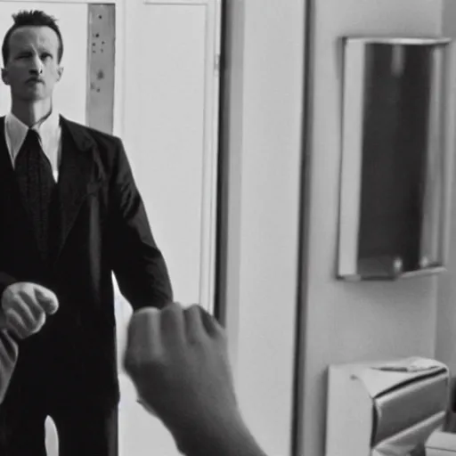 Image similar to film still, Martin Heidegger in American Psycho suits