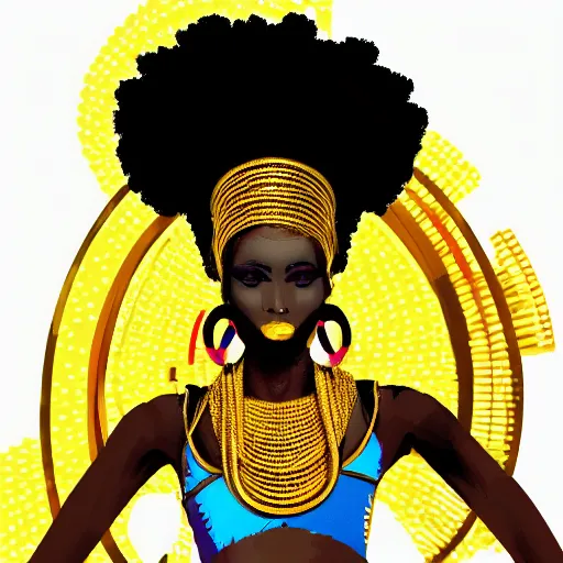 Prompt: afrofuturist woman with gold jewelry, 4k, retro art style, afropunk, painting