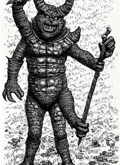 Prompt: tinky winky as a D&D monster, full body, pen-and-ink illustration, etching, by Russ Nicholson, DAvid A Trampier, larry elmore, 1981, HQ scan, intricate details, Monster Manula, Fiend Folio