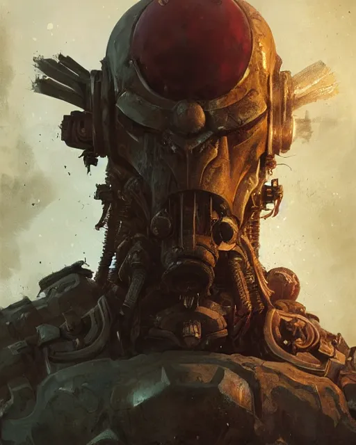 Image similar to hyper realistic portrait of heroic warhammer android head, cinematic, chaos marine, nurgle artstation, cgsociety, full head and shoulders, greg rutkowski, james gurney, mignola, craig mullins, brom