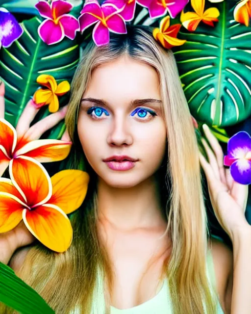 Image similar to an attractive girl is surrounded by colourful tropical flowers and plants, symmetric face and eyes, upper body face shot, long straight blonde hair, visible face