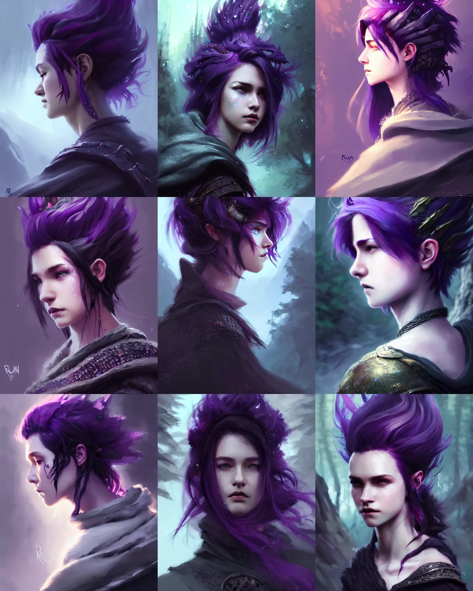 Prompt: cinematic side portrait rugged girl, adventurer outfit large cloak, fantasy forest landscape, dragon scales in hair, fantasy magic, undercut hairstyle, short purple black fade hair, dark light night, intricate, elegant, sharp focus, illustration, highly detailed, digital painting, concept art, matte, art by ruan jia