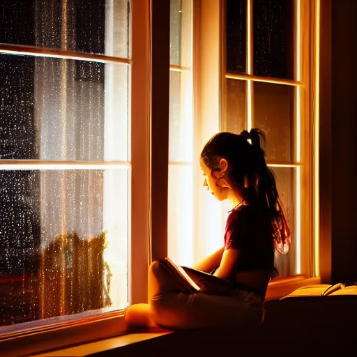 Prompt: a girl studying at night infront of rainy window