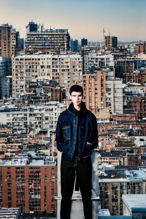 Image similar to un ultra high definition studio quality fashion editorial photographic portrait of a young man standing on the rooftop of an apartment building wearing all eclectic soft clothes. wide angle. three point light. extremely detailed. golden hour, golden ratio, ray tracing, volumetric light, shallow depth of field. set dressed.