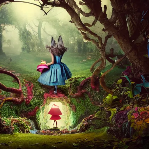 Prompt: alice in wonderland 3 d, horror atmosphere, scarry, octane render, intricate, hyper detailed, morning light, well rendered