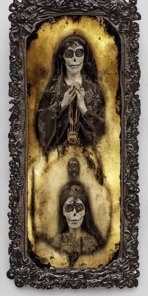 Image similar to tintype full body view, virgin mary in dia de muertos dress and make up, horrific beautiful vibe, evocative, atmospheric lighting, painted, intricate, highly detailed,