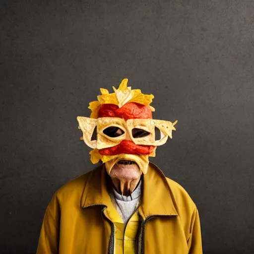 Prompt: an elderly man wearing a mask made from nachos, bold natural colors, national geographic photography, masterpiece, 8 k, raw, unedited, symmetrical balance