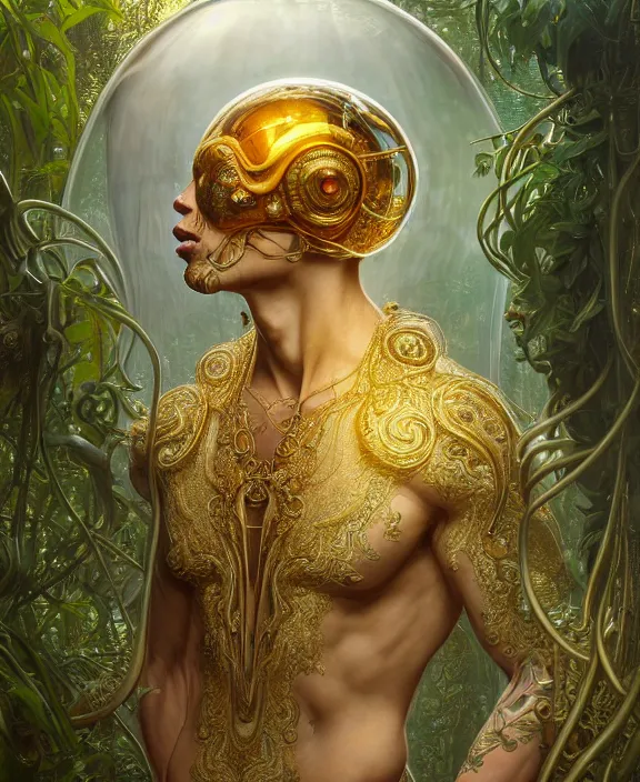 Image similar to intricate ornate opulent transparent clear see - through golden portrait of a beautiful male alien rat, mottled coloring, adorable, childlike, overgrown jungle environment, ultra realistic, concept art, art nouveau, photorealistic, octane render, 8 k, unreal engine. art by christopher marley and artgerm and greg rutkowski and alphonse mucha