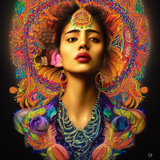 Image similar to the face of a ridiculously beautiful and sophisticated indian woman partially made of onion rings of all colors looking down, an ultrafine detailed illustration by james jean, final fantasy, intricate linework, bright colors, behance contest winner, vanitas, angular, altermodern, unreal engine 5 highly rendered, global illumination, radiant light, detailed and intricate environment