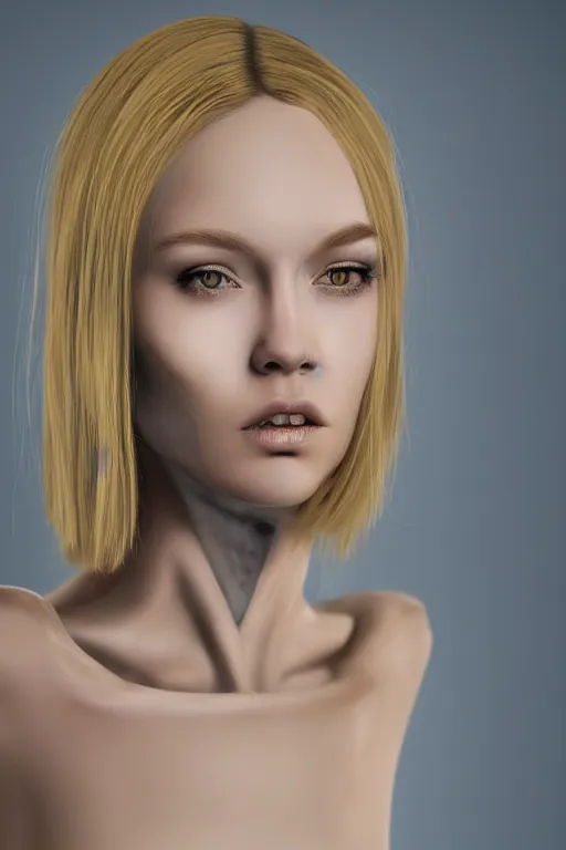 Prompt: robot with human face, female head, woman human face, human face realistic, human head, human head with blonde hair, blonde hair human head, blonde hair, human realistic face, human head skin, cyborg frame concept, cyborg by ales-kotnik, sci-fi android female