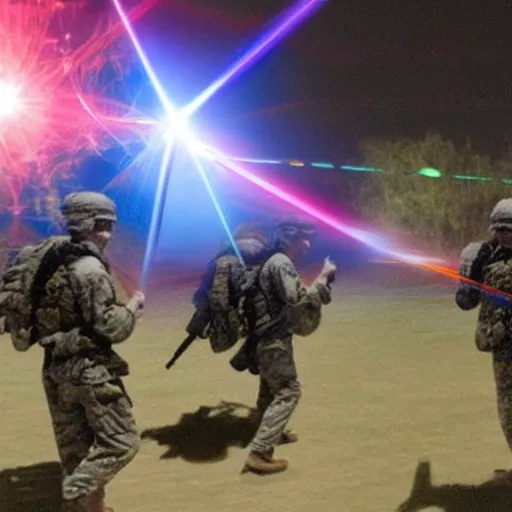 Image similar to U.S. military men in a battle using holographic warrrfare and electronic psychotronic laser devices