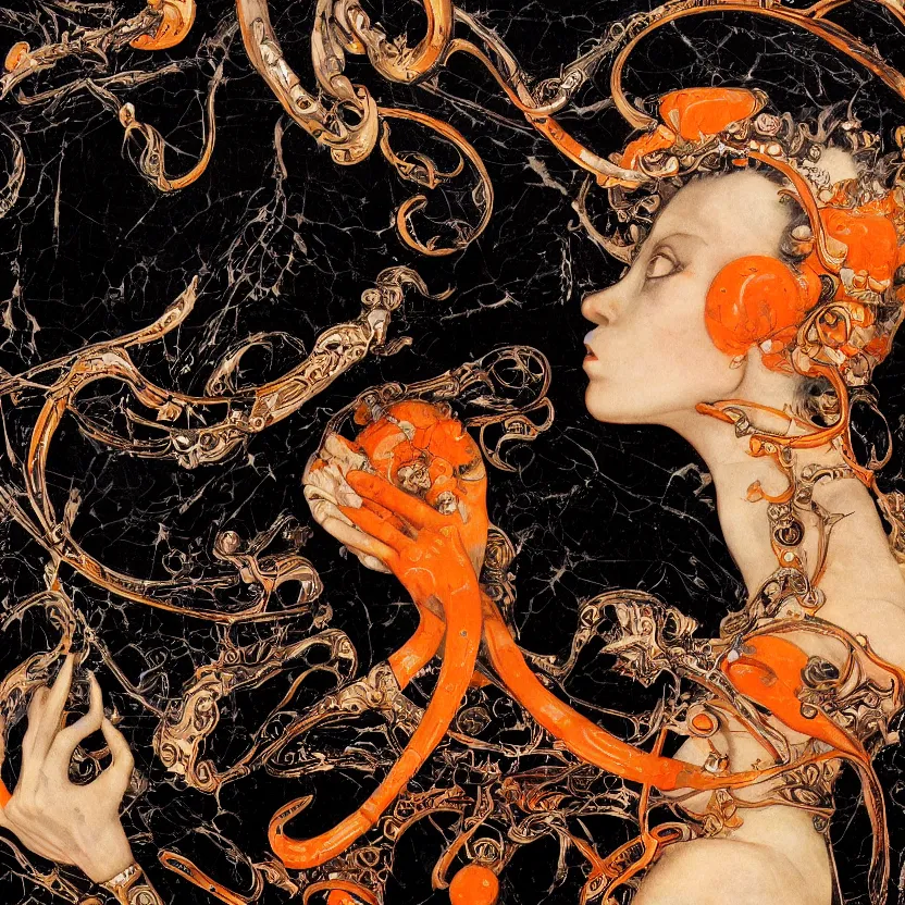 Image similar to a dark baroque close - up portrait of an ornate orange and white porcelain being made out of white sci - fi vitrified translucent ceramic marble ; china. reflective detailed textures. gloomy black background. highly detailed fantasy science fiction painting by moebius, norman rockwell, frank frazetta, and syd mead. rich colors, high contrast. artstation