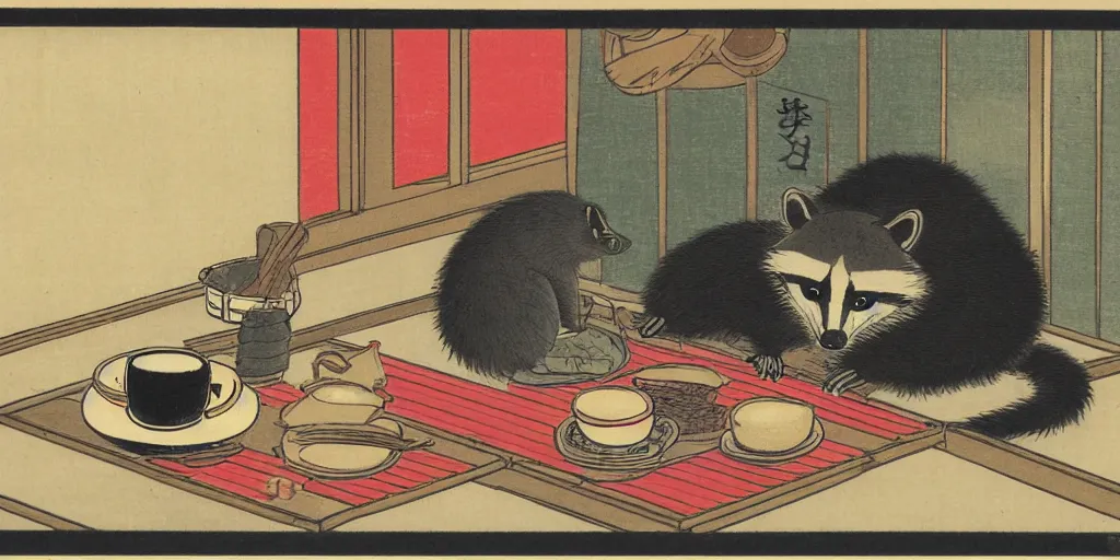 Image similar to little raccoon sitting by a cozy fireplace with a cup of tea. warm color temperature. ukiyo - e,