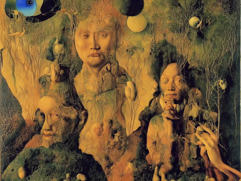 Image similar to Portrait of albino mystic with blue eyes, with sculpture by Henri Moore. Night with fireflies. Painting by Jan van Eyck, Audubon, Rene Magritte, Agnes Pelton, Max Ernst, Walton Ford