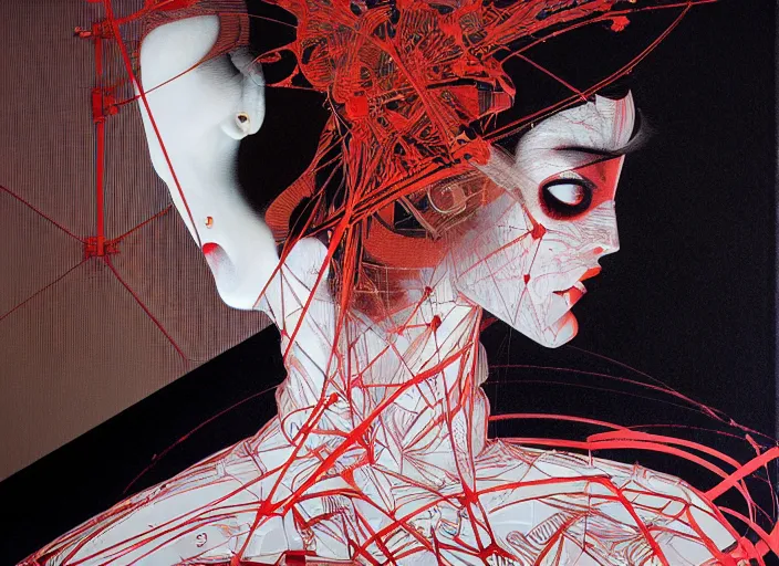 Prompt: an empty room in the style of constructivism, exhibition of painting, by francis bacon, by ayami kojima, by amano, by karol bak, greg hildebrandt, by mark brooks, by alex grey, by zdzisław beksinski, by takato yamamoto, vintage style, high resolution, ultra detailed, close - up wide portrait